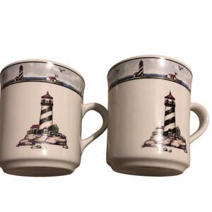 Home Trends Lighthouse Coffee Mugs Set of 2 Nautical Coastal Ceramic White Blue